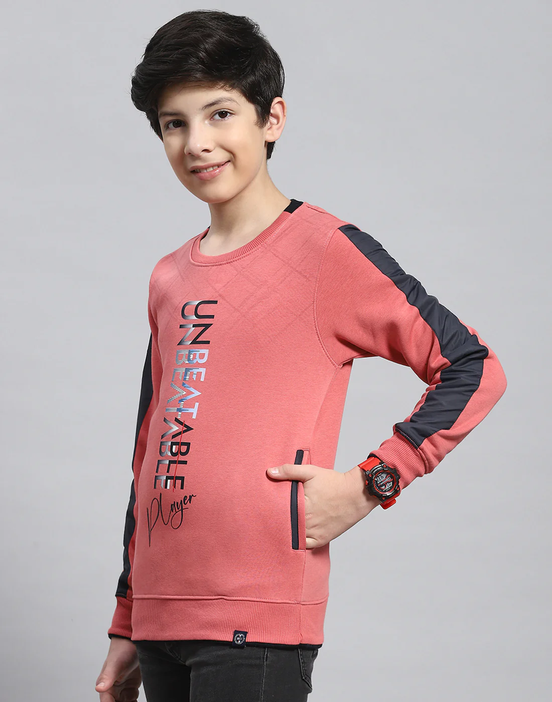 Boys Pink Printed Round Neck Full Sleeve Sweatshirt - Image 3