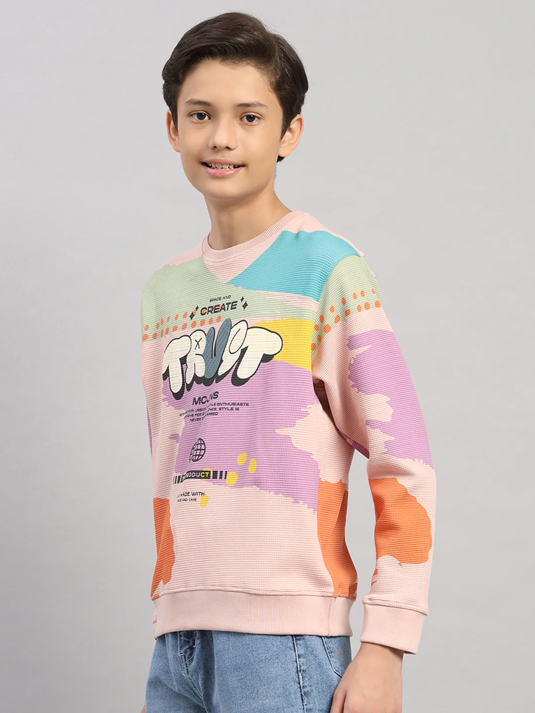 Boys Pink Printed Round Neck Full Sleeve Sweatshirt - Image 3