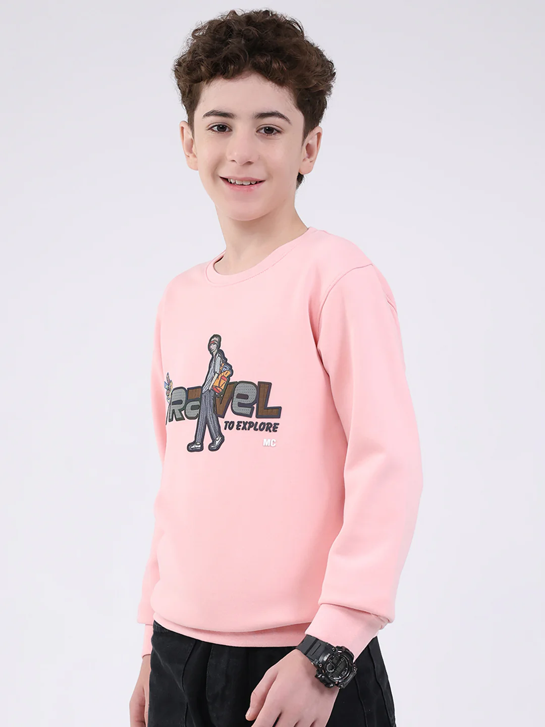 Boys Pink Printed Round Neck Full Sleeve Sweatshirt - Image 3