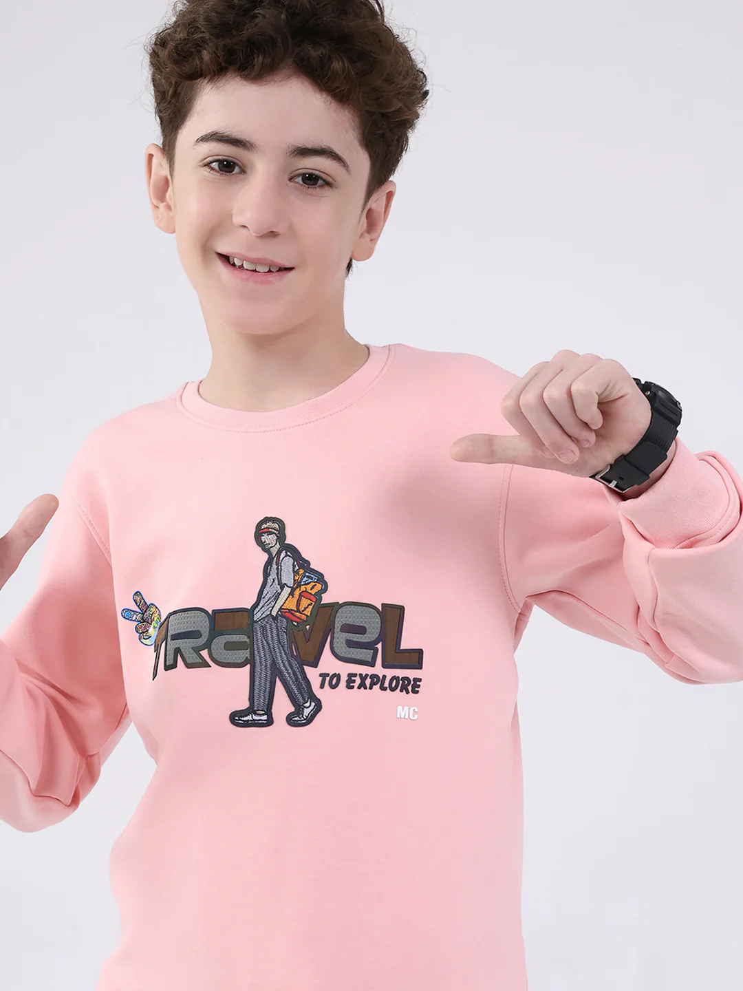 Boys Pink Printed Round Neck Full Sleeve Sweatshirt - Image 7