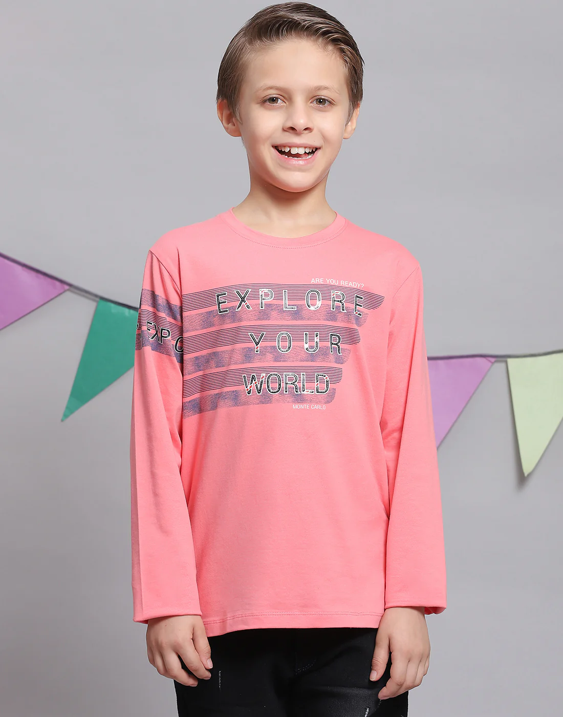 Boys Pink Printed Round Neck Full Sleeve T-Shirts - Image 2