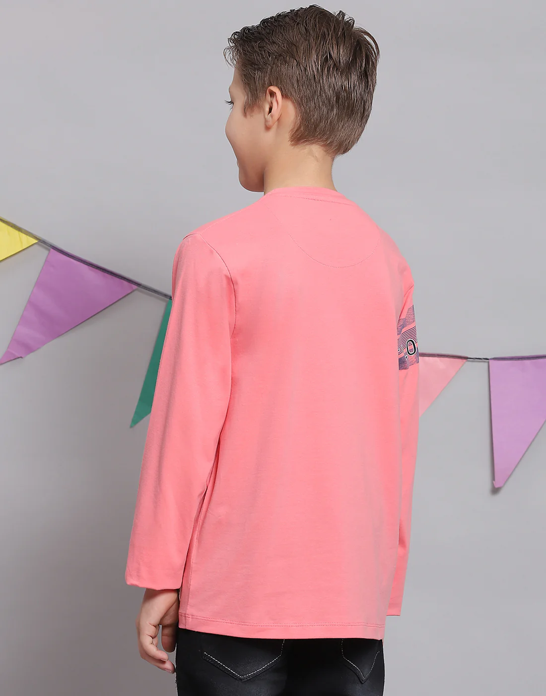 Boys Pink Printed Round Neck Full Sleeve T-Shirts - Image 5