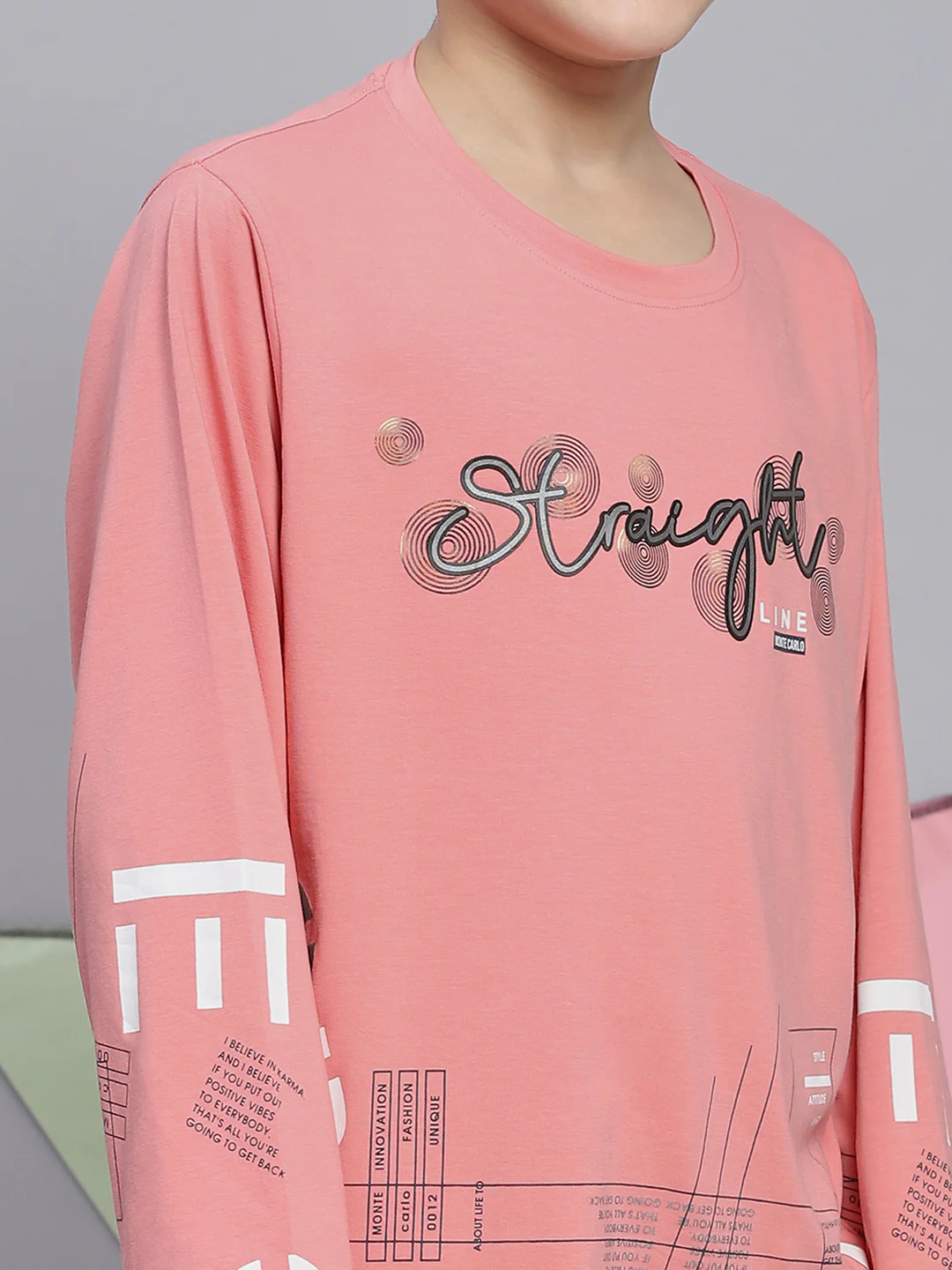 Boys Pink Printed Round Neck Full Sleeve T-Shirts - Image 6