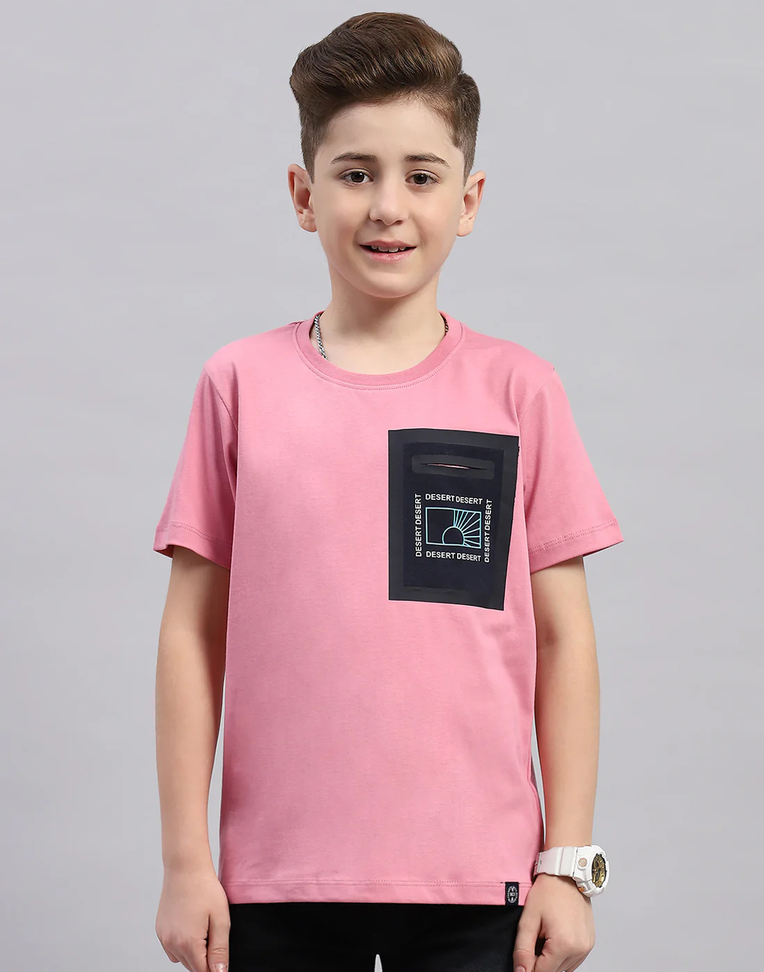 Boys Pink Printed Round Neck Half Sleeve T-Shirt - Image 2
