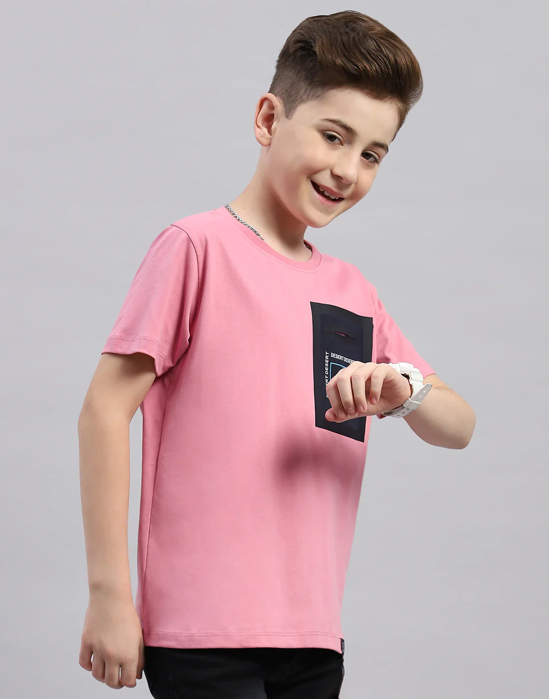 Boys Pink Printed Round Neck Half Sleeve T-Shirt - Image 4