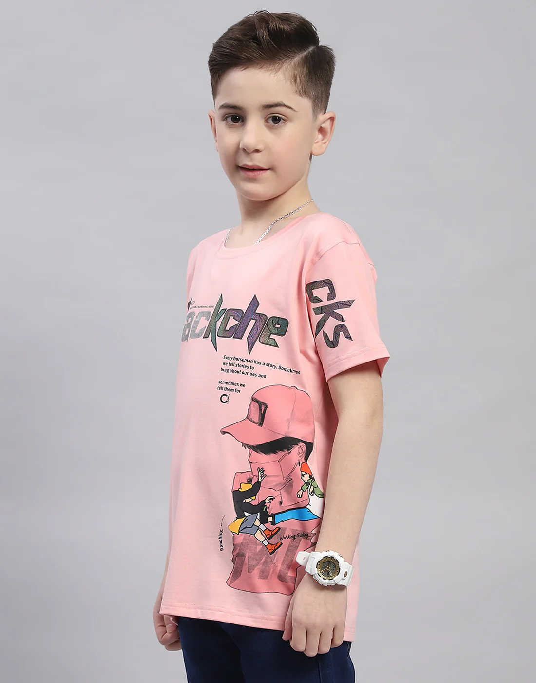 Boys Pink Printed Round Neck Half Sleeve T-Shirt - Image 3