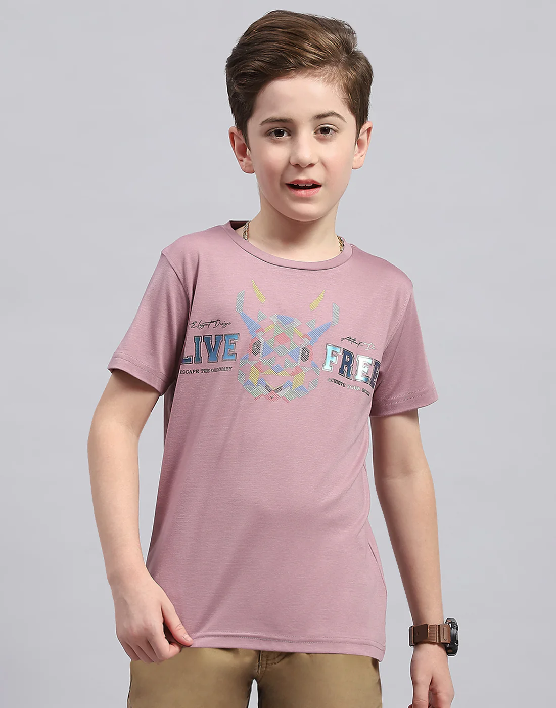 Boys Pink Printed Round Neck Half Sleeve T-Shirt - Image 2