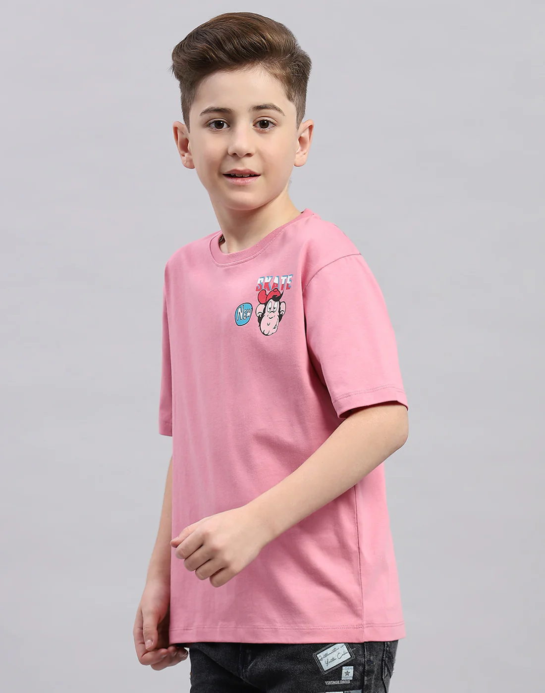 Boys Pink Printed Round Neck Half Sleeve T-Shirt - Image 4