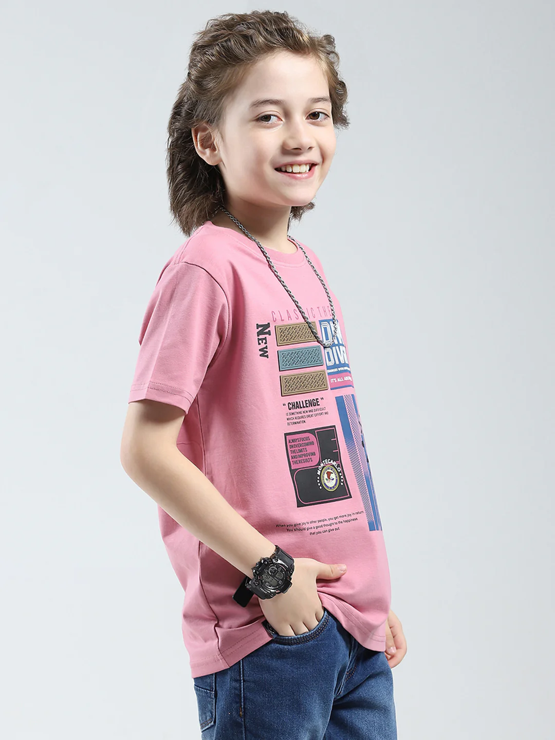 Boys Pink Printed Round Neck Half Sleeve T-Shirt - Image 4