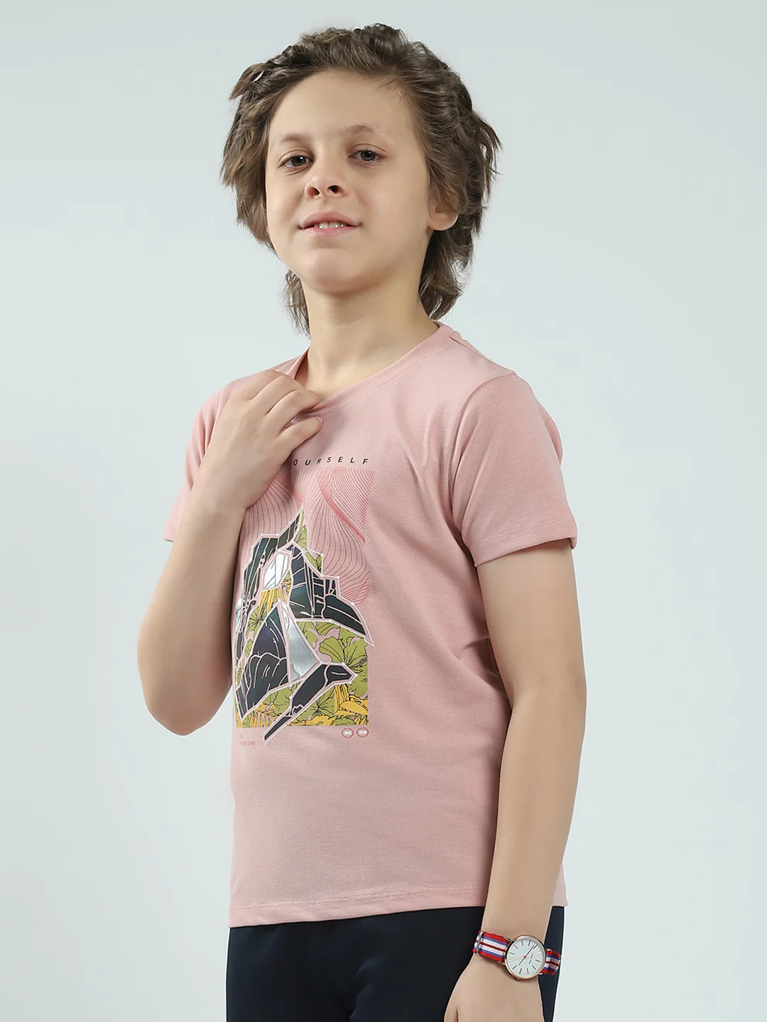 Boys Pink Printed Round Neck Half Sleeve T-Shirt - Image 3
