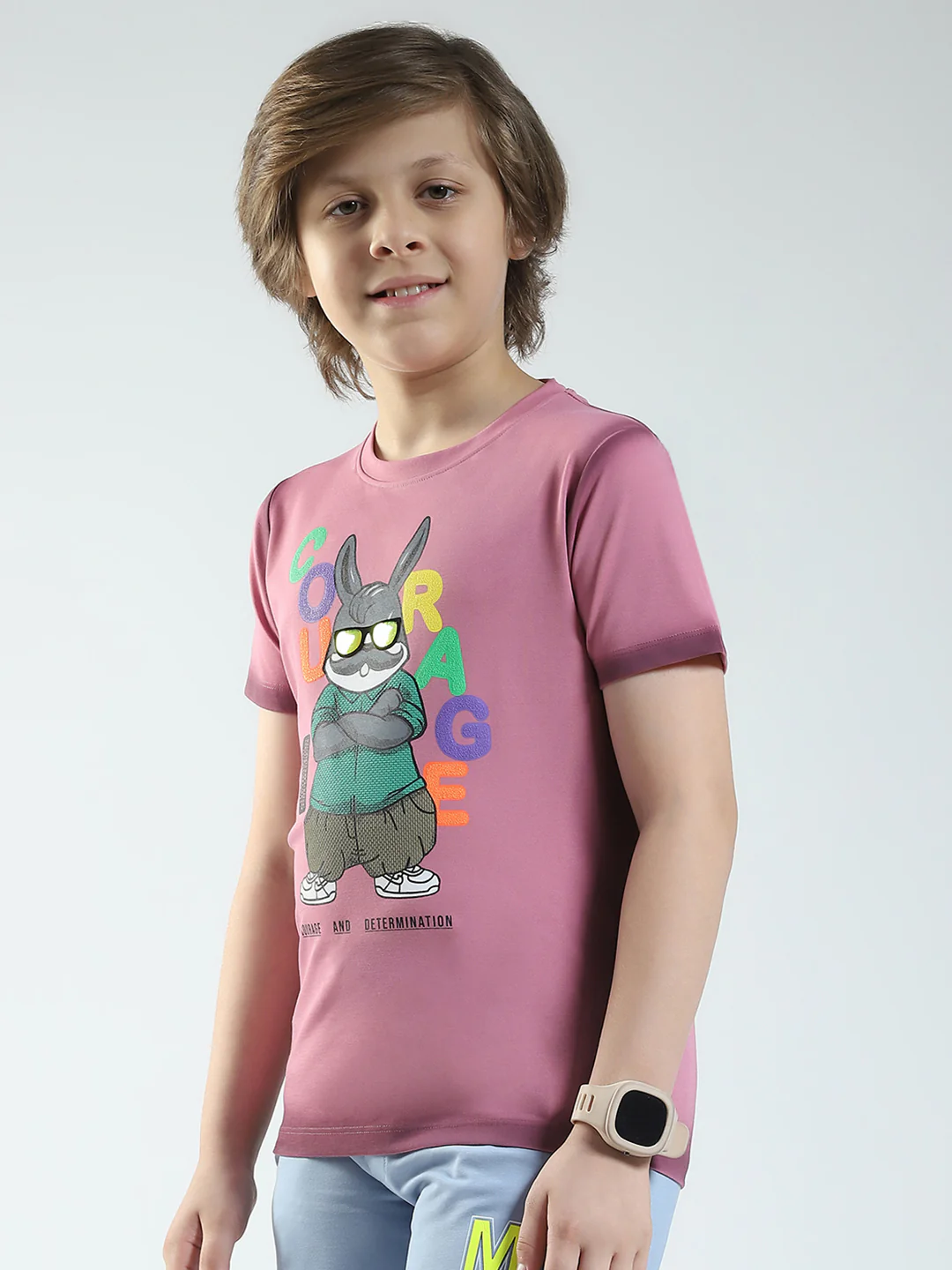Boys Pink Printed Round Neck Half Sleeve T-Shirt - Image 3