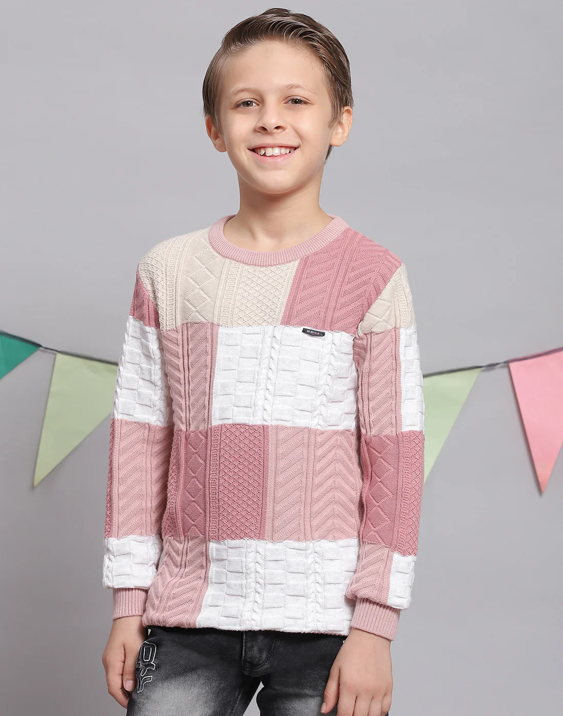 Boys Pink Self Design Round Neck Full Sleeve Sweater - Image 3