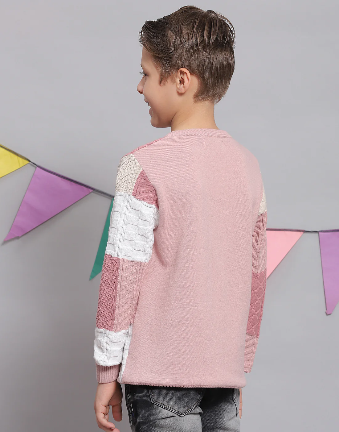 Boys Pink Self Design Round Neck Full Sleeve Sweater - Image 6