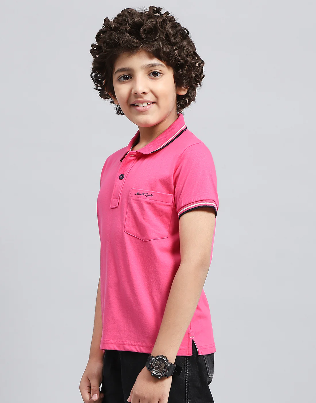 Boys Pink Solid Polo Collar Half Sleeve T-Shirt - Image 4