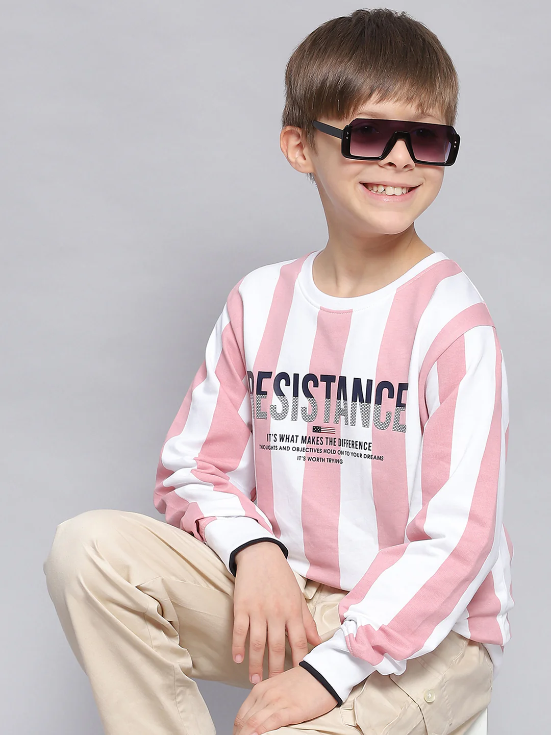 Boys Pink Stripe Round Neck Full Sleeve Sweatshirt - Image 2