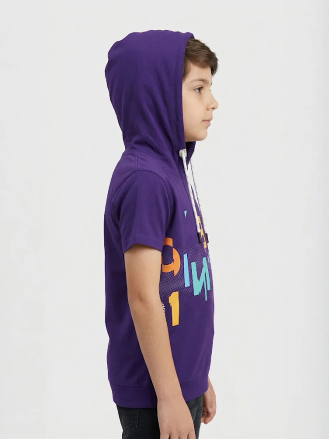 Boys Purple Printed Hooded Half Sleeve T-Shirt - Image 4