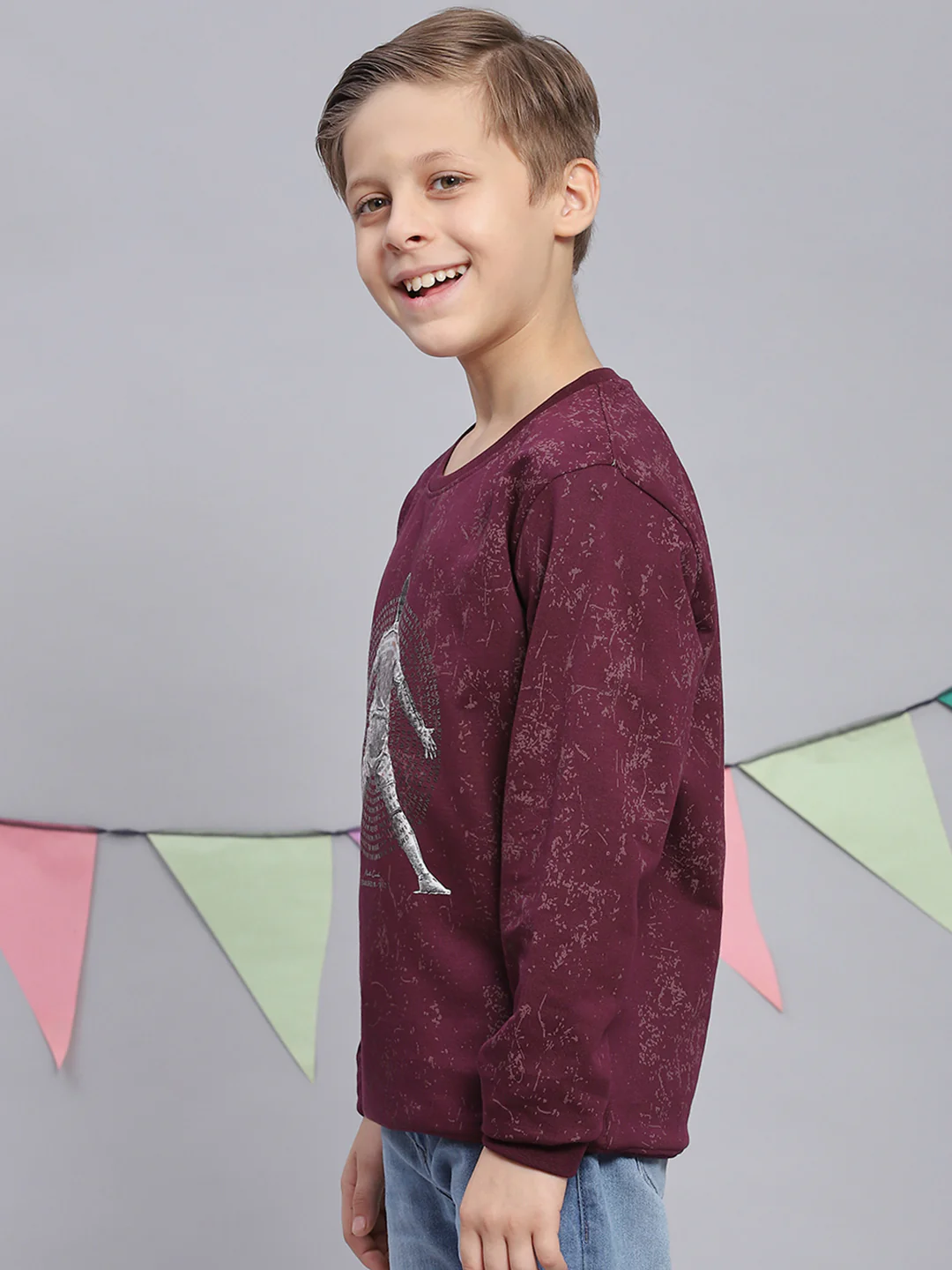 Boys Purple Printed Round Neck Full Sleeve Sweatshirt - Image 3