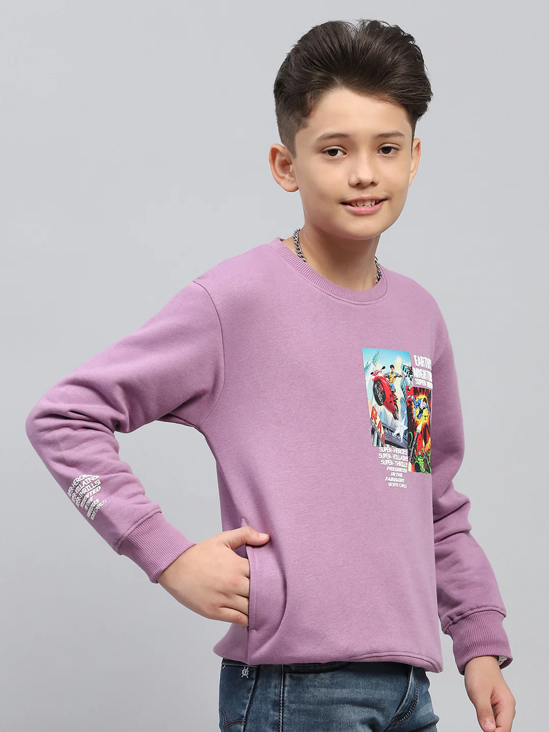 Boys Purple Printed Round Neck Full Sleeve Sweatshirt - Image 4