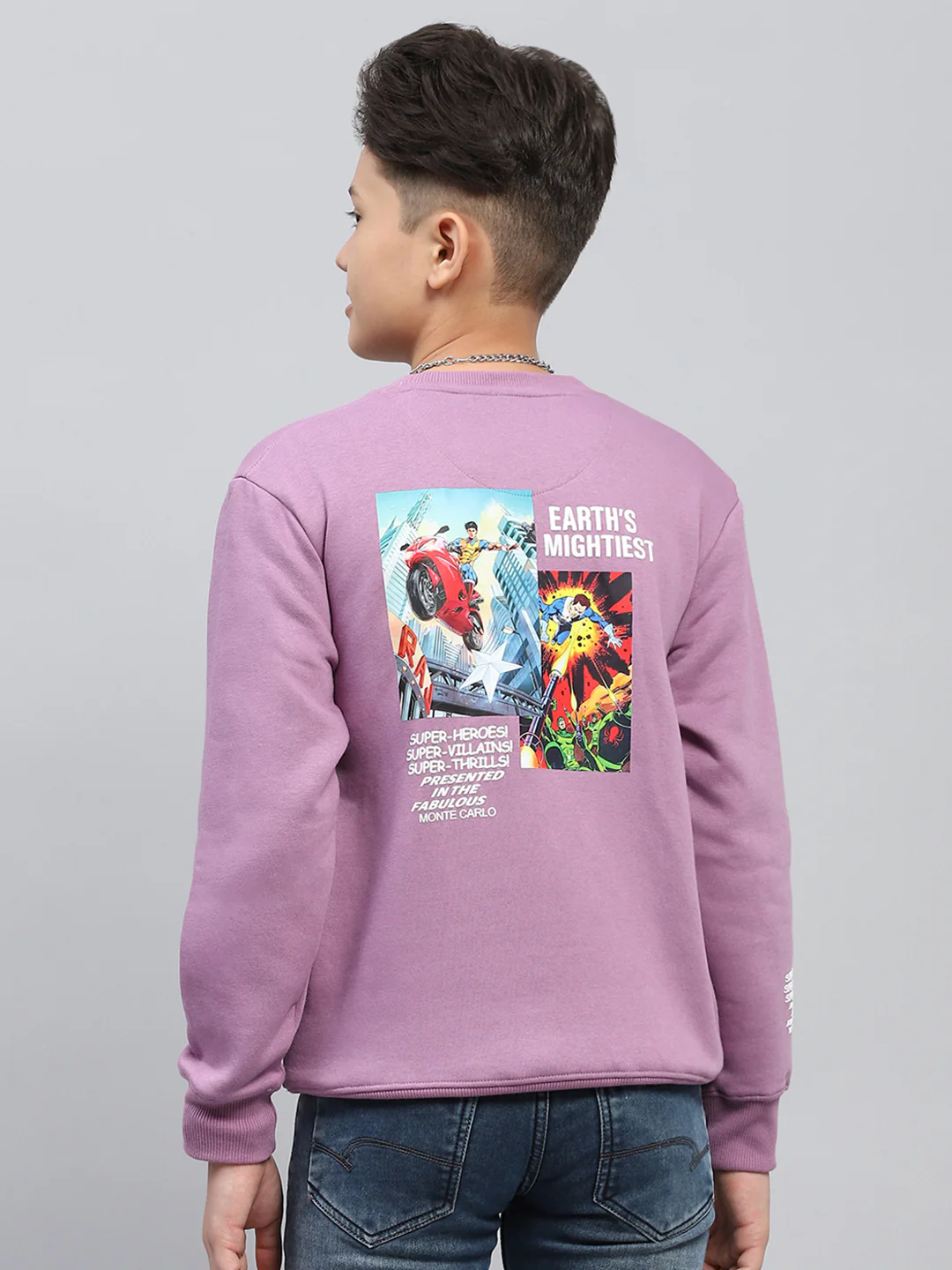Boys Purple Printed Round Neck Full Sleeve Sweatshirt - Image 5