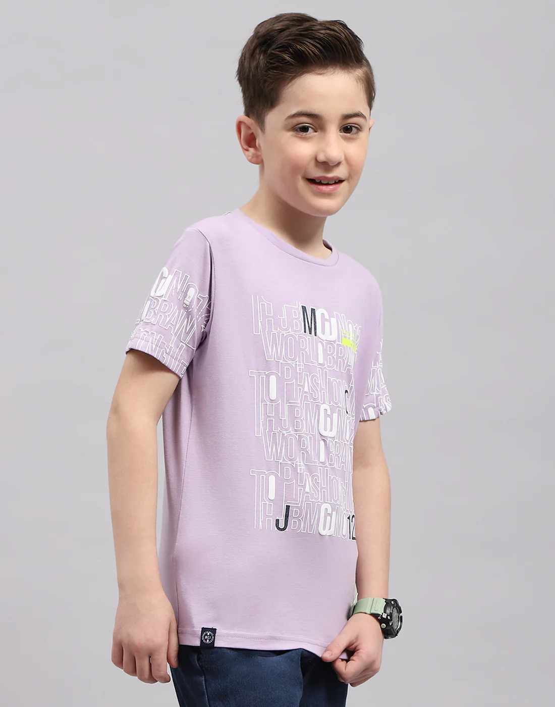 Boys Purple Printed Round Neck Half Sleeve T-Shirt - Image 4