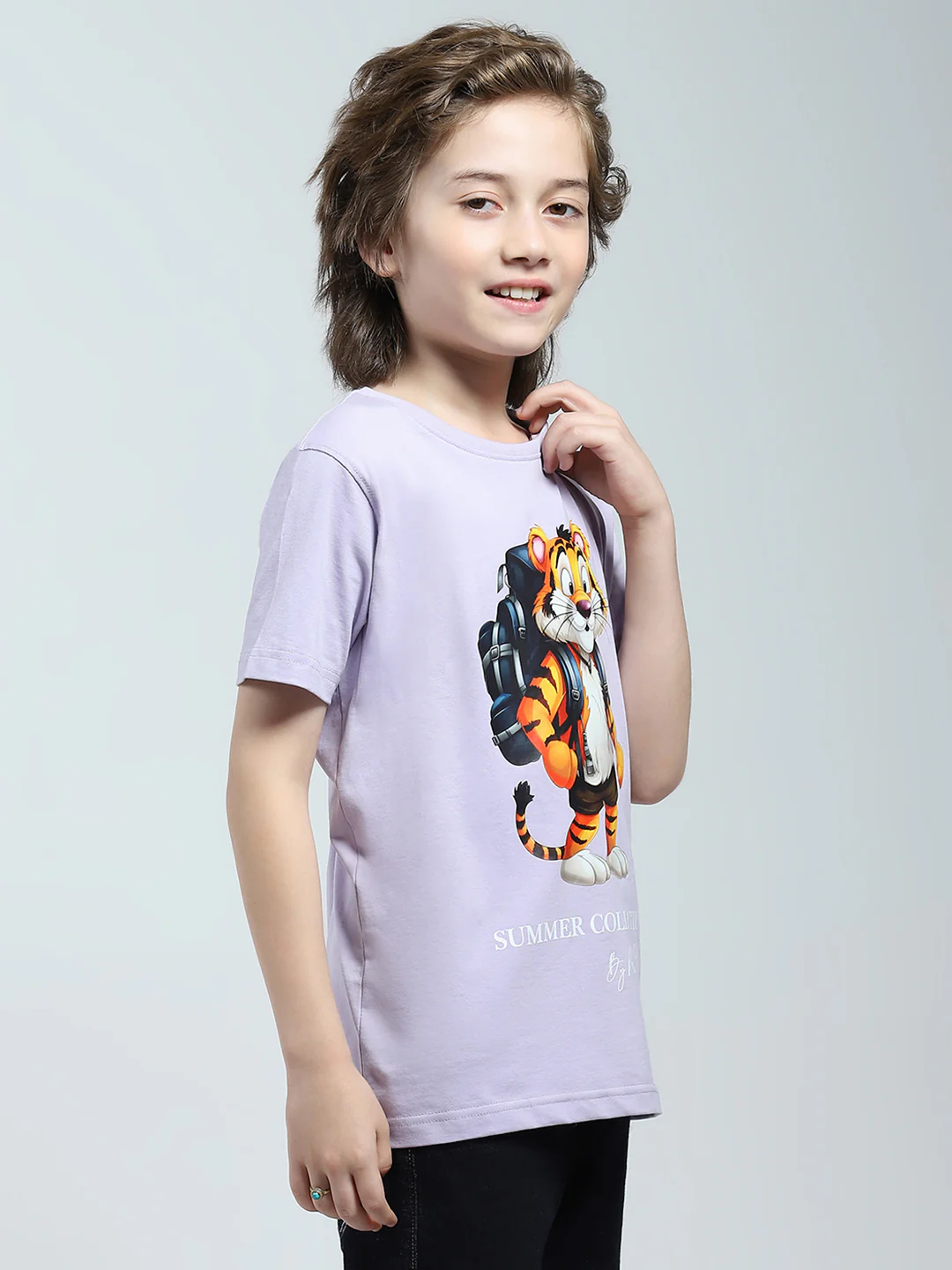 Boys Purple Printed Round Neck Half Sleeve T-Shirt - Image 4
