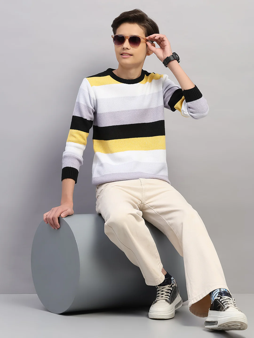 Boys Purple Stripe Round Neck Full Sleeve Pullover - Image 7