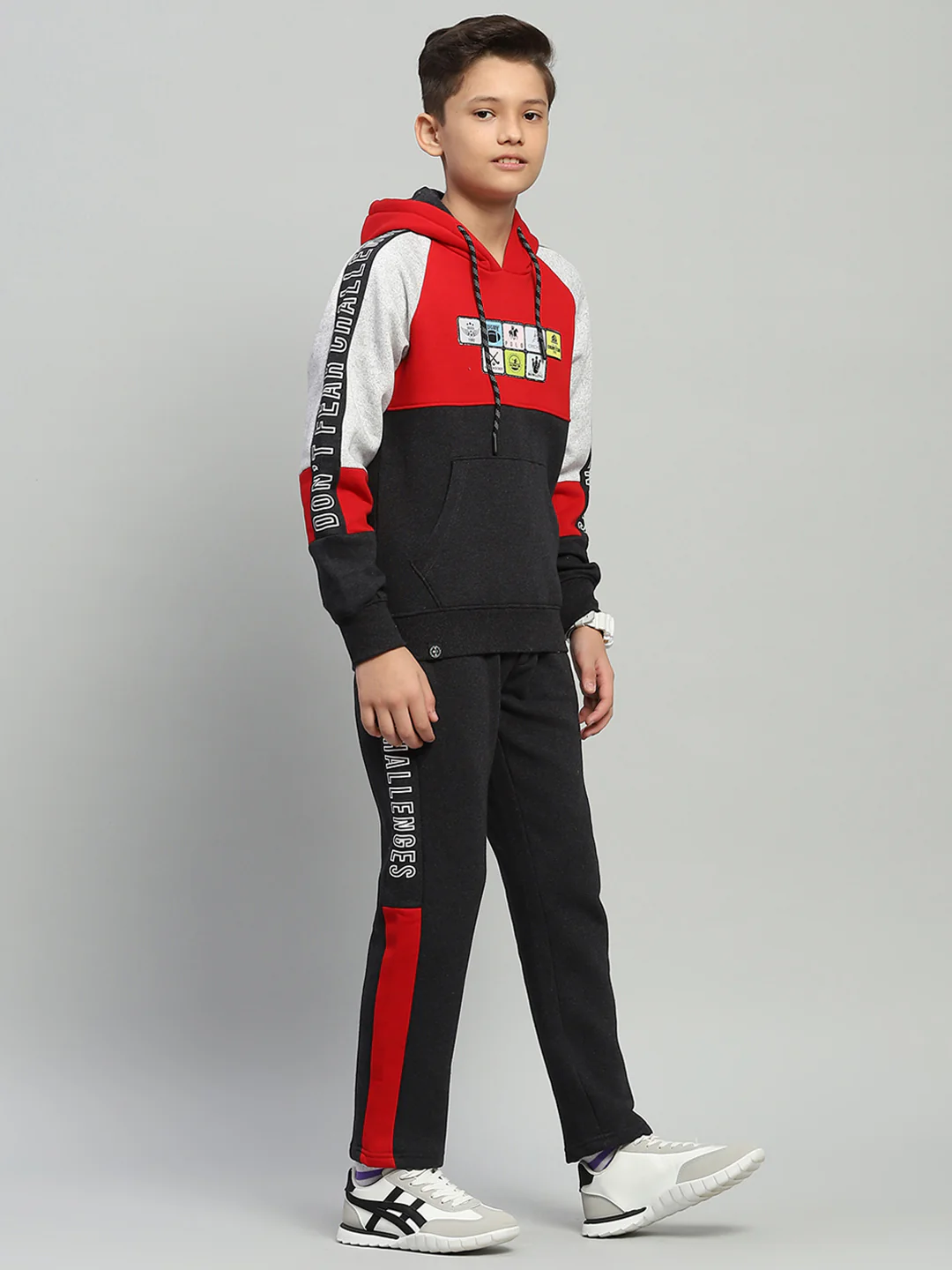 Boys Red & Grey Printed Hooded Full Sleeve Tracksuit - Image 4