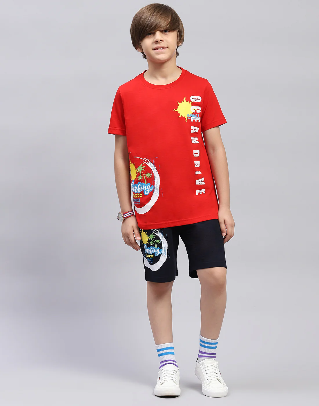 Boys Red & Navy Blue Printed Round Neck Half Sleeve Bermuda Set - Image 2