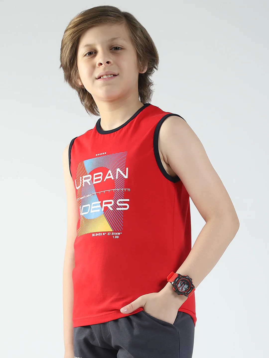 Boys Red & Off White Printed Round Neck Sleeveless T-Shirt (Pack of 2) - Image 4
