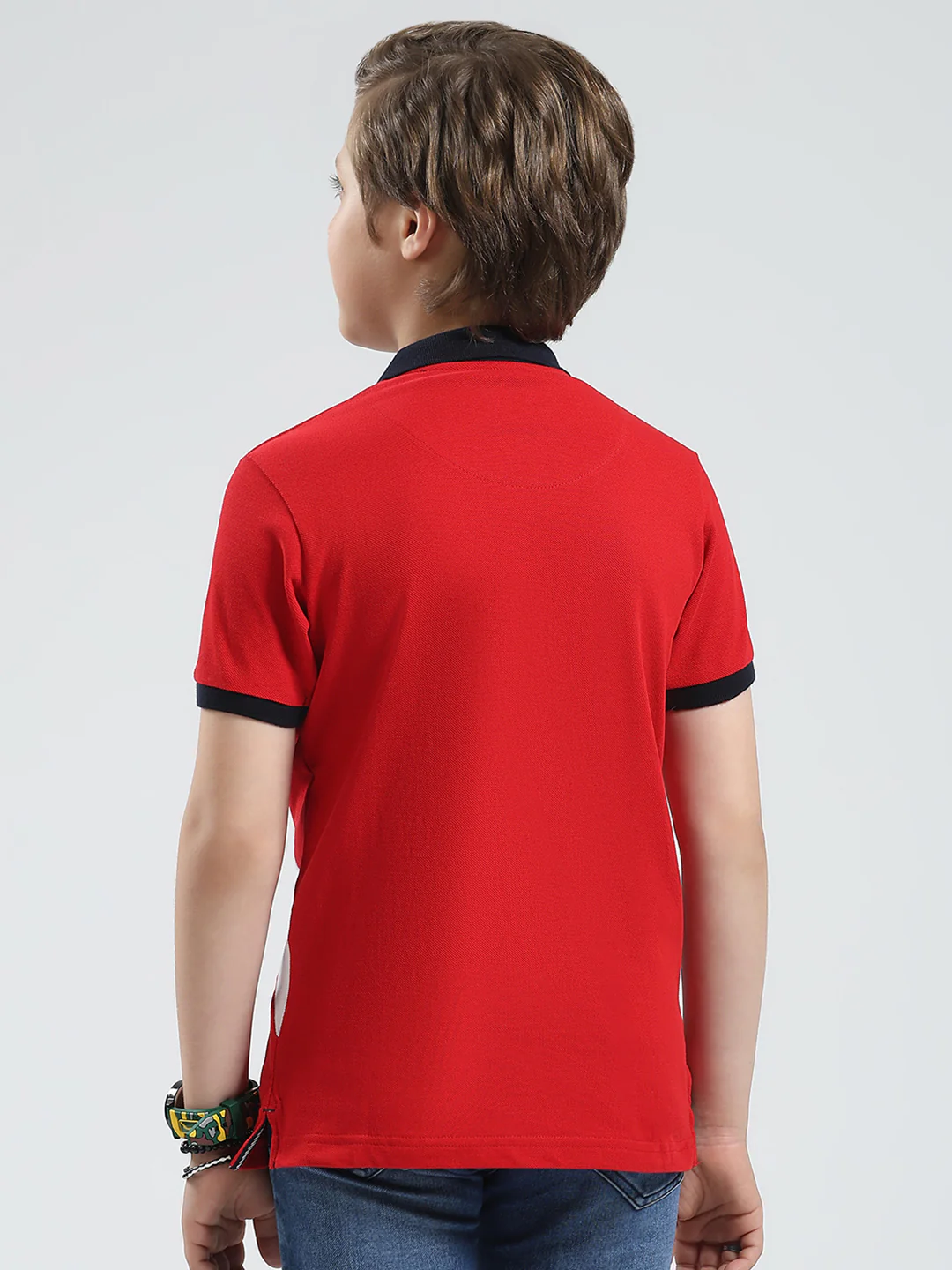 Boys Red Printed Collar Half Sleeve T-Shirt - Image 5
