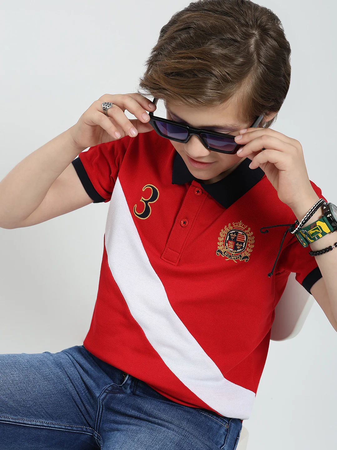 Boys Red Printed Collar Half Sleeve T-Shirt - Image 6