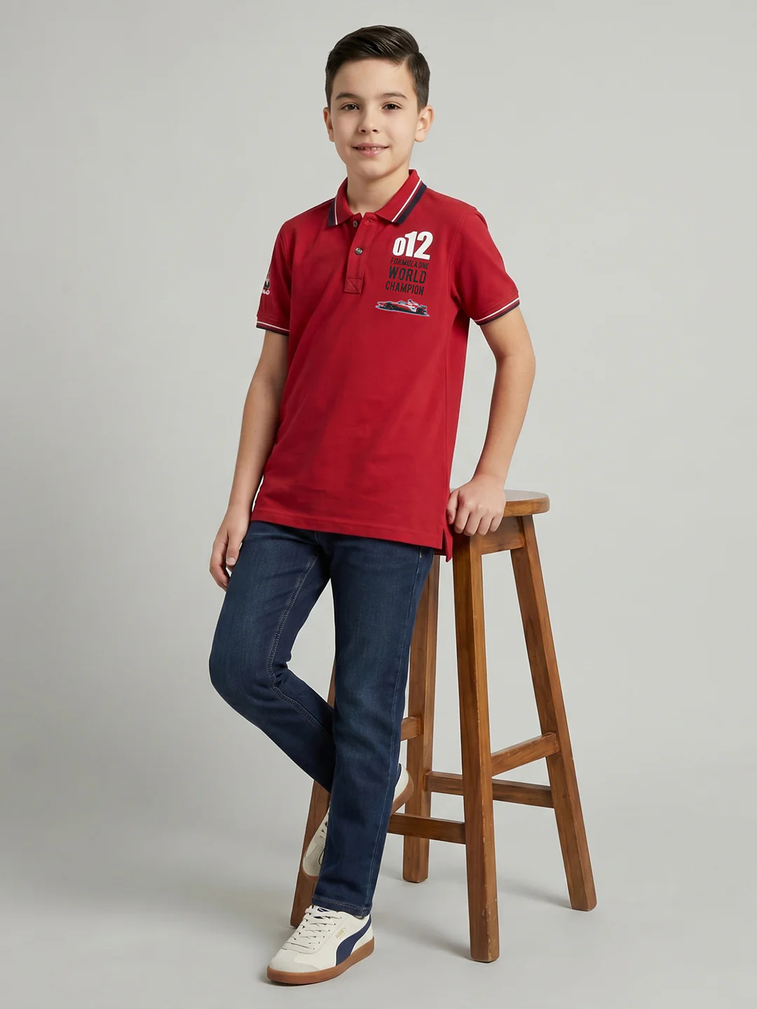 Boys Red Printed Collar Half Sleeve T-Shirt - Image 4