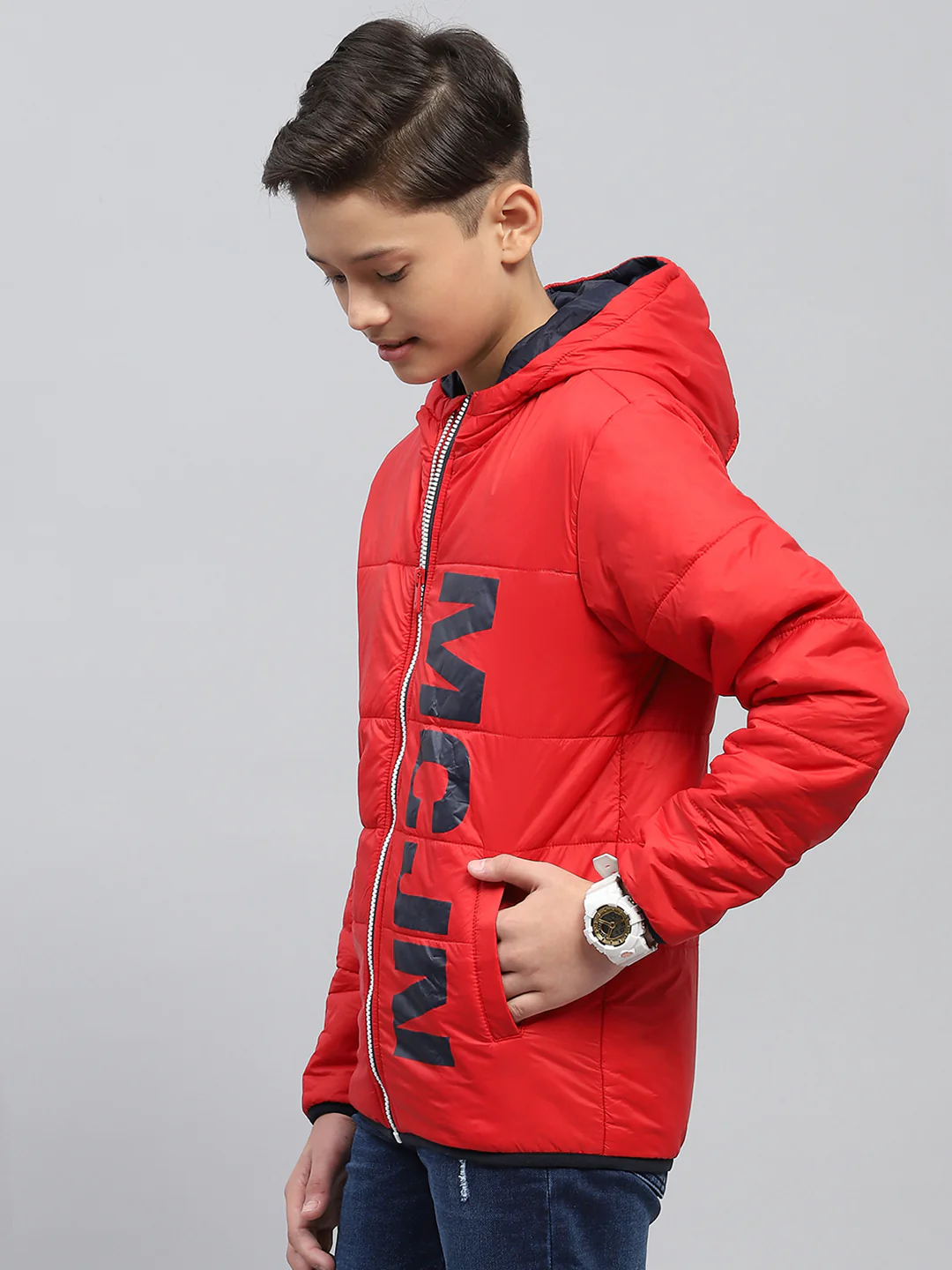Boys Red Printed Hooded Full Sleeve Jacket - Image 3