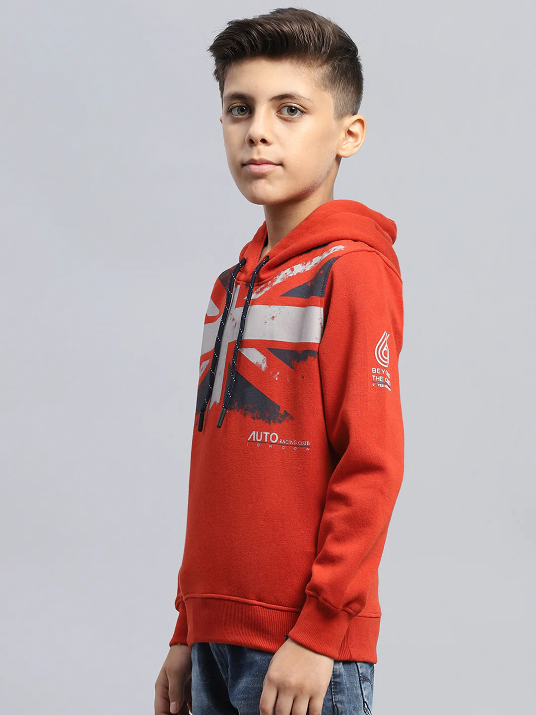 Boys Red Printed Hooded Full Sleeve Sweatshirt - Image 3