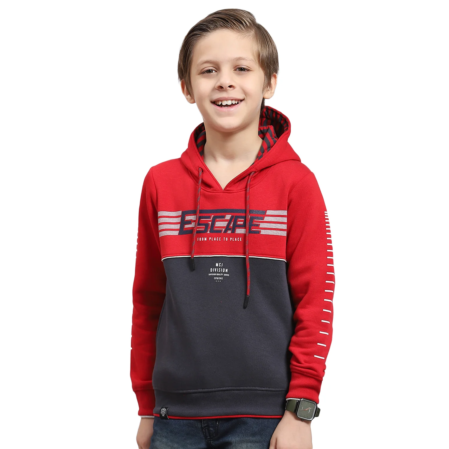Boys Red Printed Hooded Full Sleeve Sweatshirt - Image 5