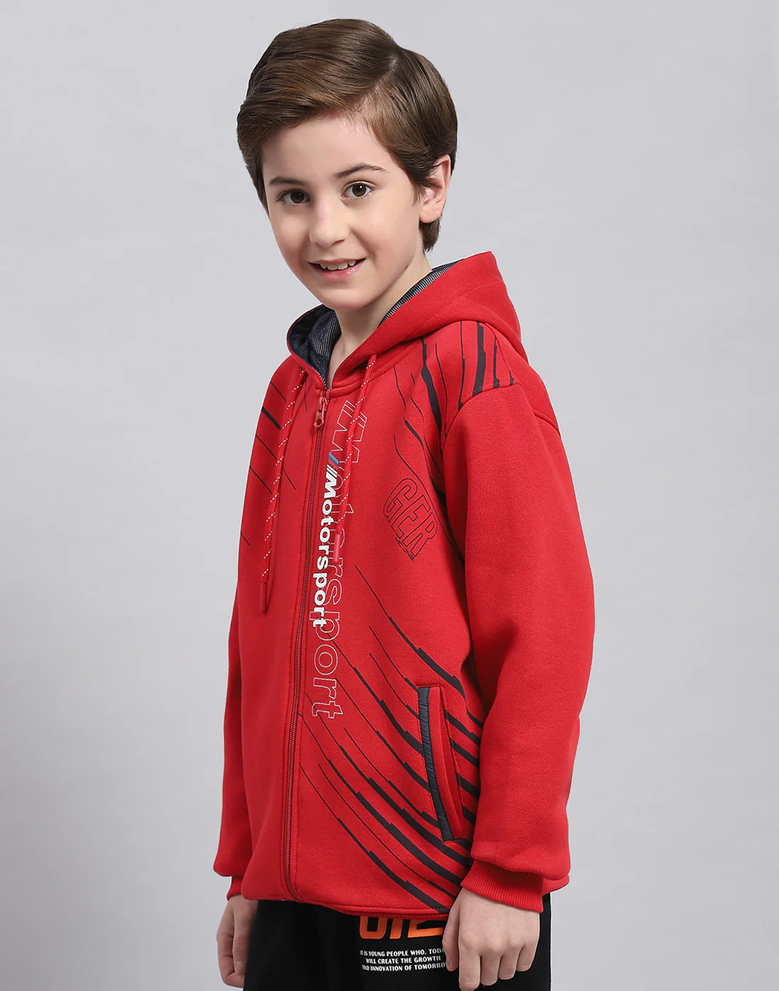 Boys Red Printed Hooded Full Sleeve Sweatshirt - Image 3