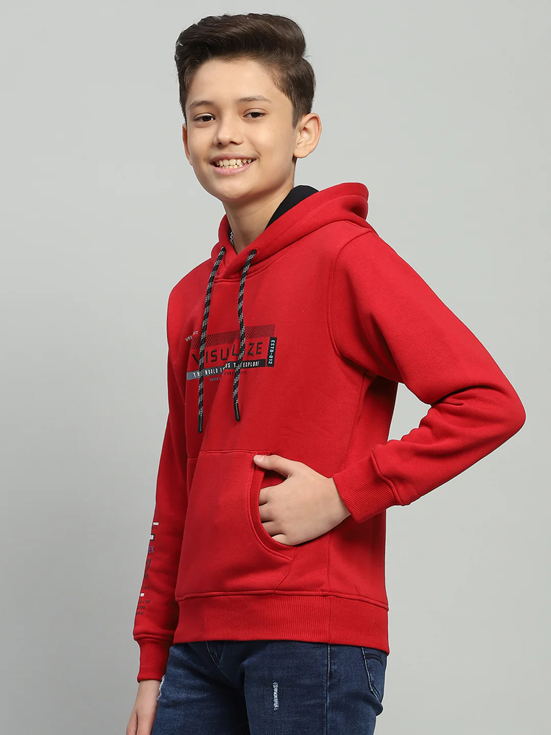 Boys Red Printed Hooded Full Sleeve Sweatshirt - Image 3