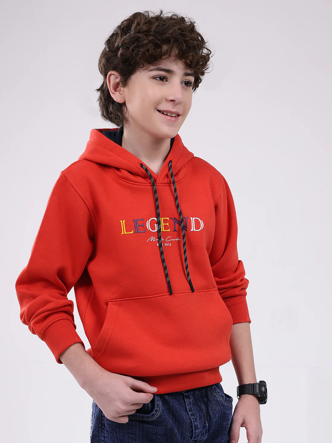 Boys Red Printed Hooded Full Sleeve Sweatshirt - Image 4