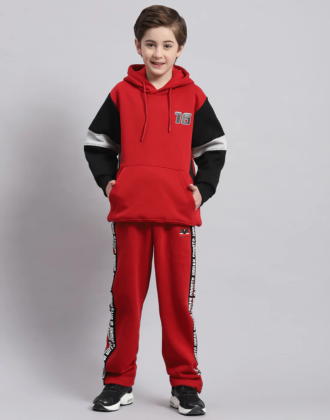 Boys Red Printed Hooded Full Sleeve Tracksuit - Image 2