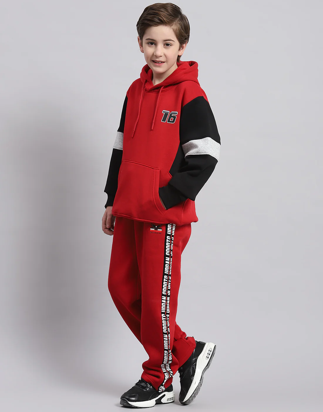 Boys Red Printed Hooded Full Sleeve Tracksuit - Image 3