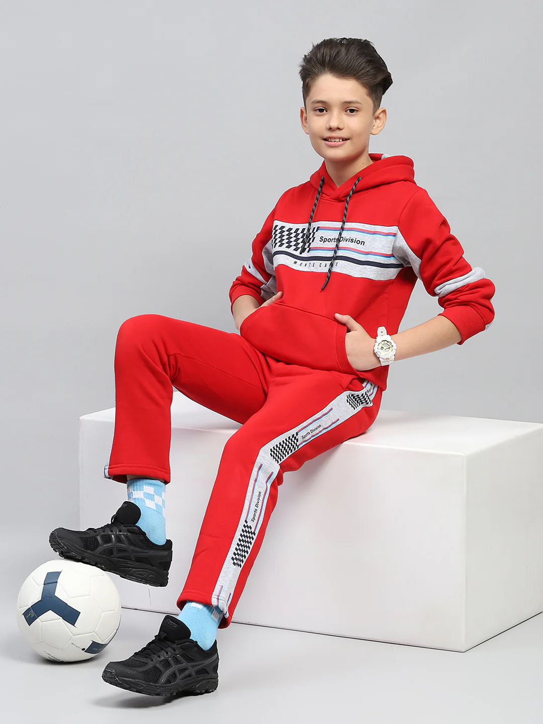 Boys Red Printed Hooded Full Sleeve Tracksuit - Image 2