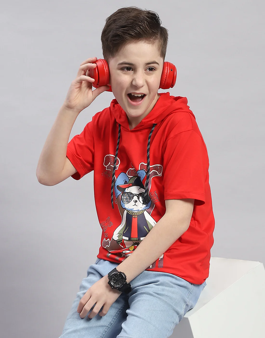 Boys Red Printed Hooded Half Sleeve T-Shirt - Image 6