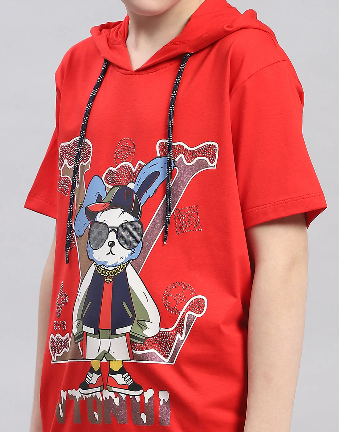 Boys Red Printed Hooded Half Sleeve T-Shirt - Image 7