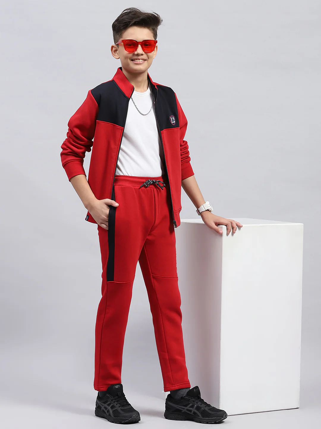 Boys Red Printed Mock Neck Full Sleeve Tracksuit - Image 2