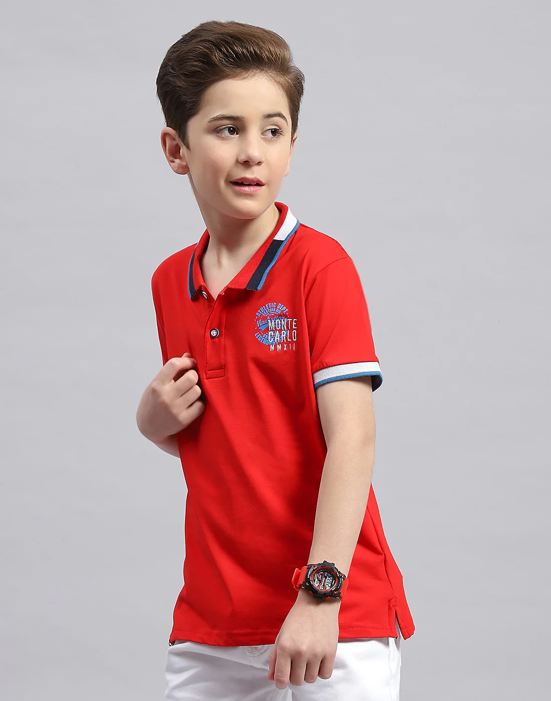 Boys Red Printed Polo Collar Half Sleeve T-Shirt - Image 3
