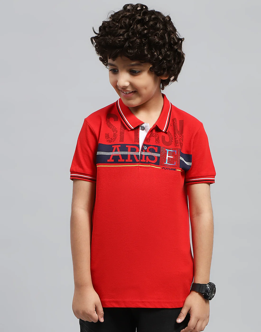 Boys Red Printed Polo Collar Half Sleeve T-Shirt - Image 4