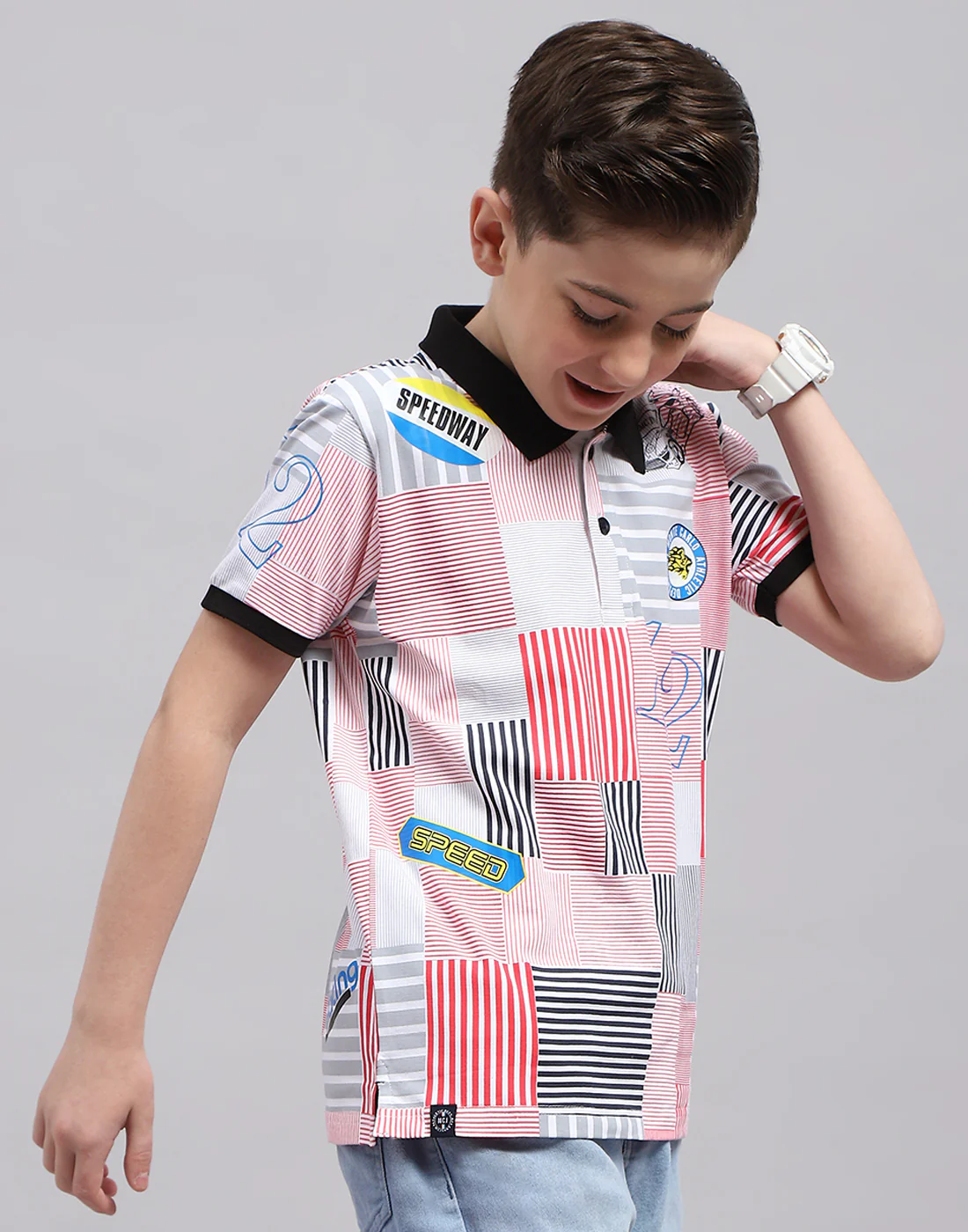 Boys Red Printed Polo Collar Half Sleeve T-Shirt - Image 4