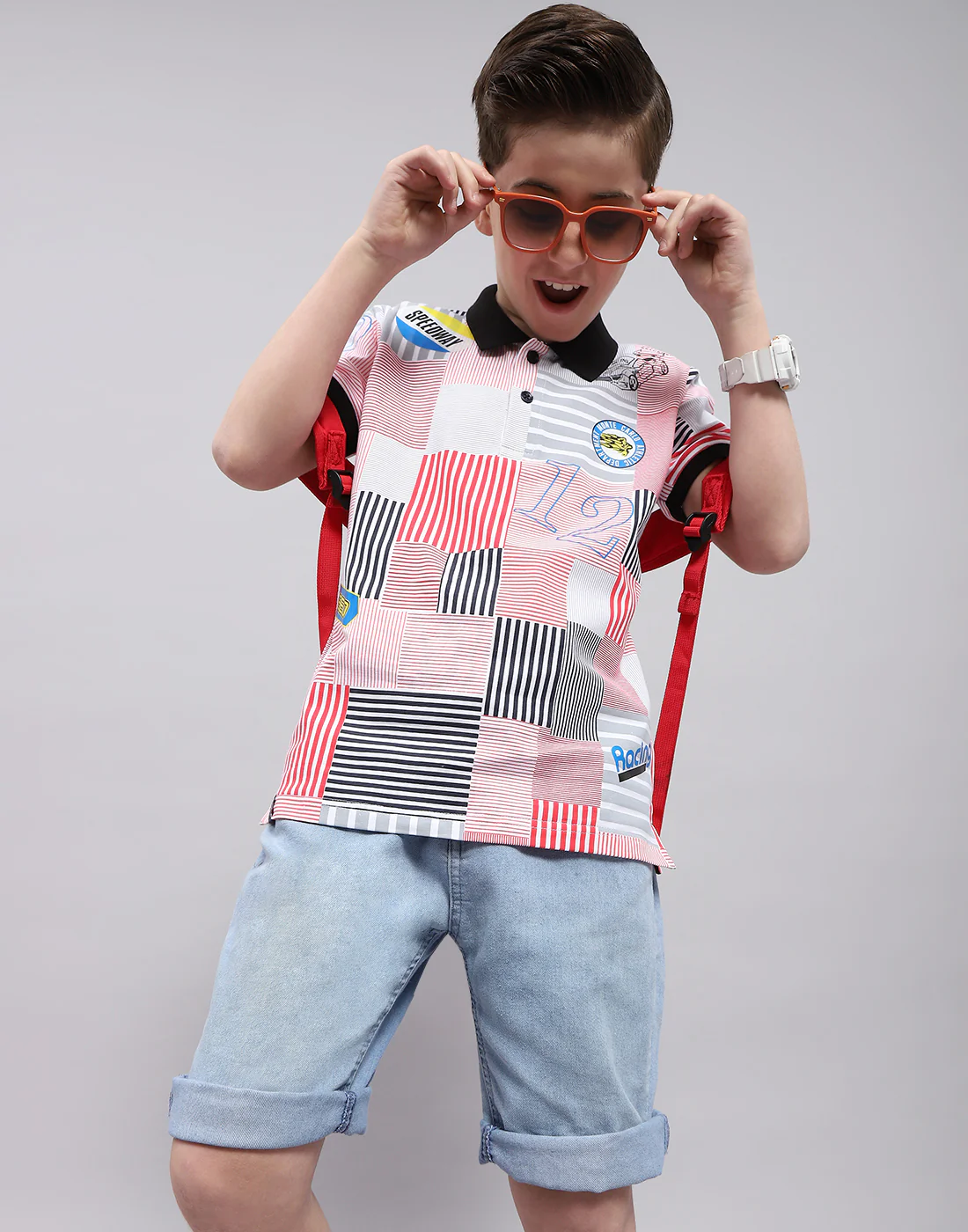 Boys Red Printed Polo Collar Half Sleeve T-Shirt - Image 8