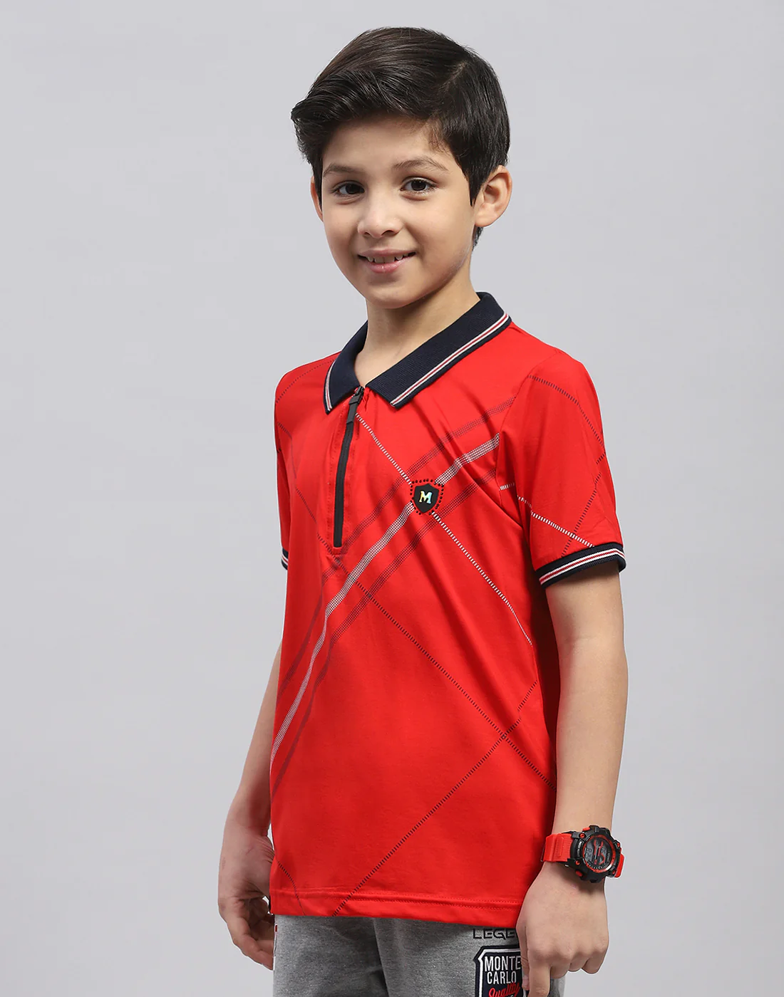 Boys Red Printed Polo Collar Half Sleeve T-Shirt - Image 3
