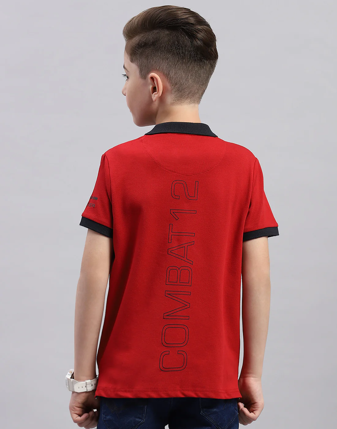 Boys Red Printed Polo Collar Half Sleeve T-Shirt - Image 5